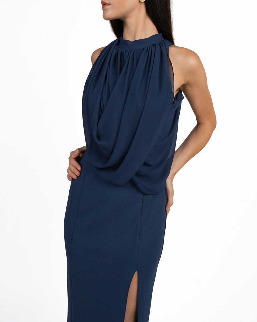 Abito Lungo Elegante Blu Notte con Scollo ad Halter e Drappeggio - Rinascimento