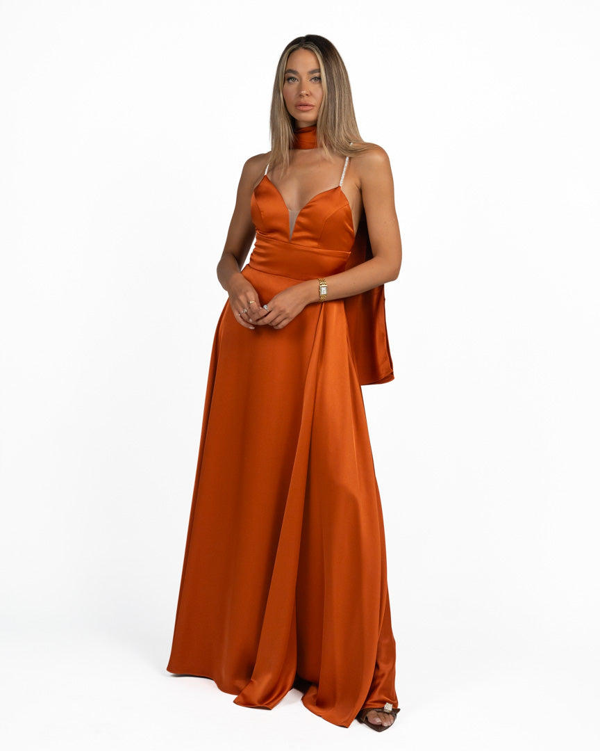 Abito in satin con spalline gioiello color ruggine - Berti Mode Collection