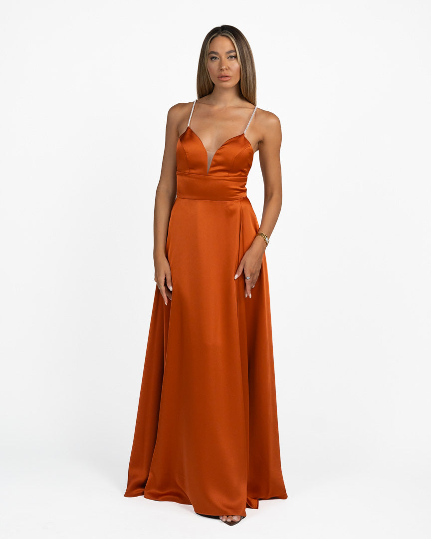 Abito in satin con spalline gioiello color ruggine - Berti Mode Collection