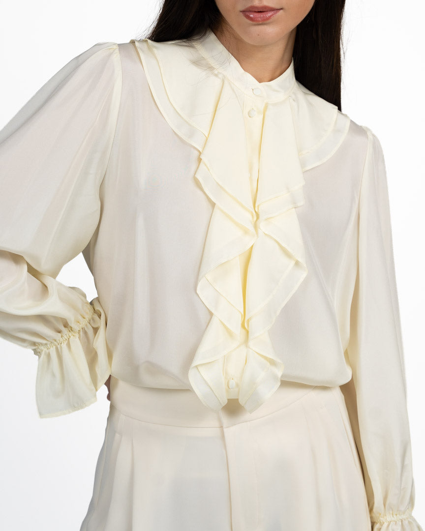 Blusa in Pura Seta Burro con Volants e Polsini Arricciati - Marella