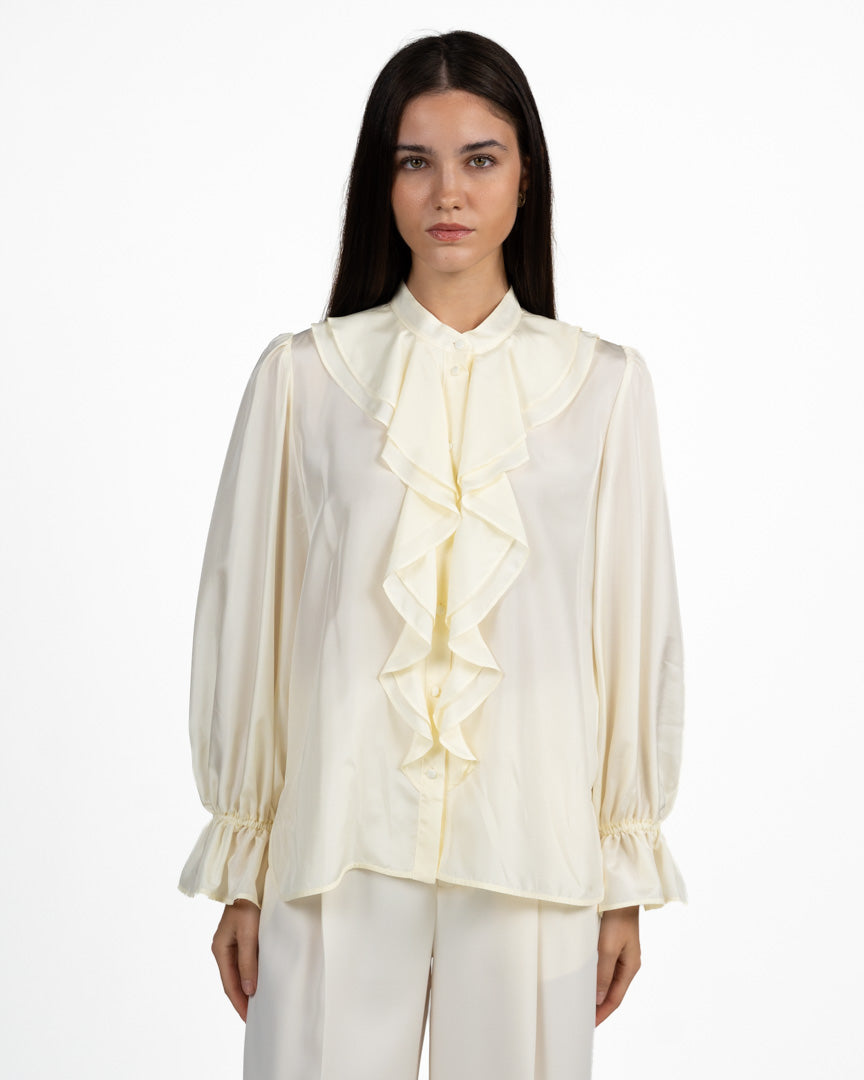 Blusa in Pura Seta Burro con Volants e Polsini Arricciati - Marella