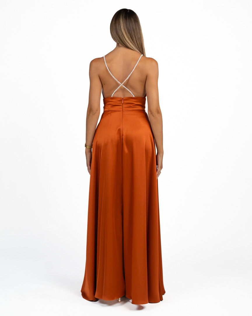 Abito in satin con spalline gioiello color ruggine - Berti Mode Collection