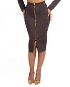 Gonna Tubino in Maglia Cioccolato con Zip Dorata - Elisabetta Franchi