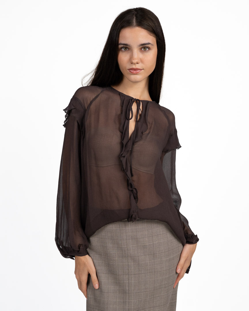 Blusa Semitrasparente in Chiffon con Rouches cioccolato - Marella