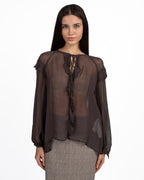 Blusa Semitrasparente in Chiffon con Rouches cioccolato - Marella