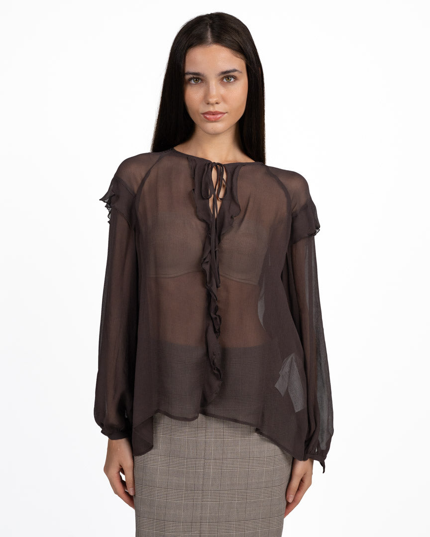 Blusa Semitrasparente in Chiffon con Rouches cioccolato - Marella