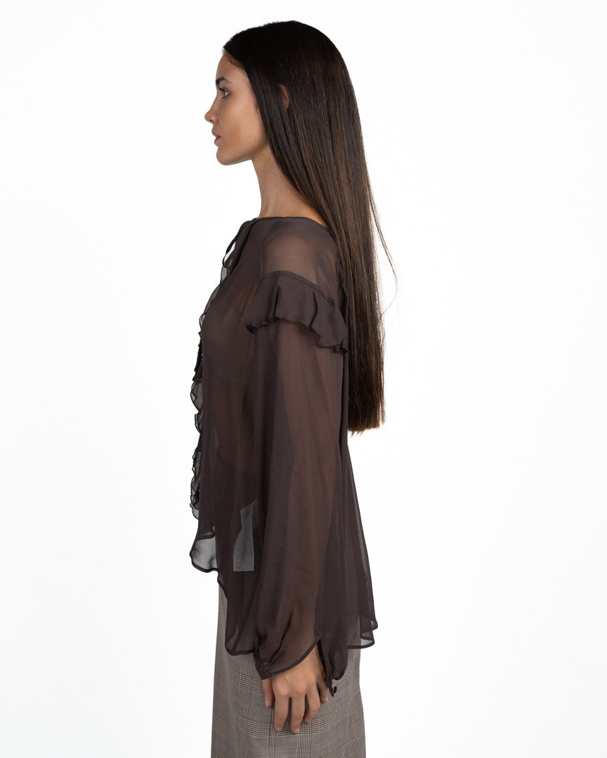 Blusa Semitrasparente in Chiffon con Rouches cioccolato - Marella