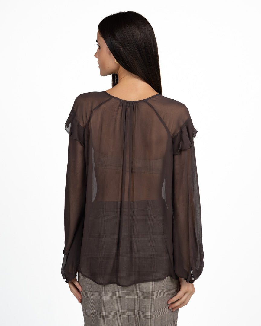 Blusa Semitrasparente in Chiffon con Rouches cioccolato - Marella