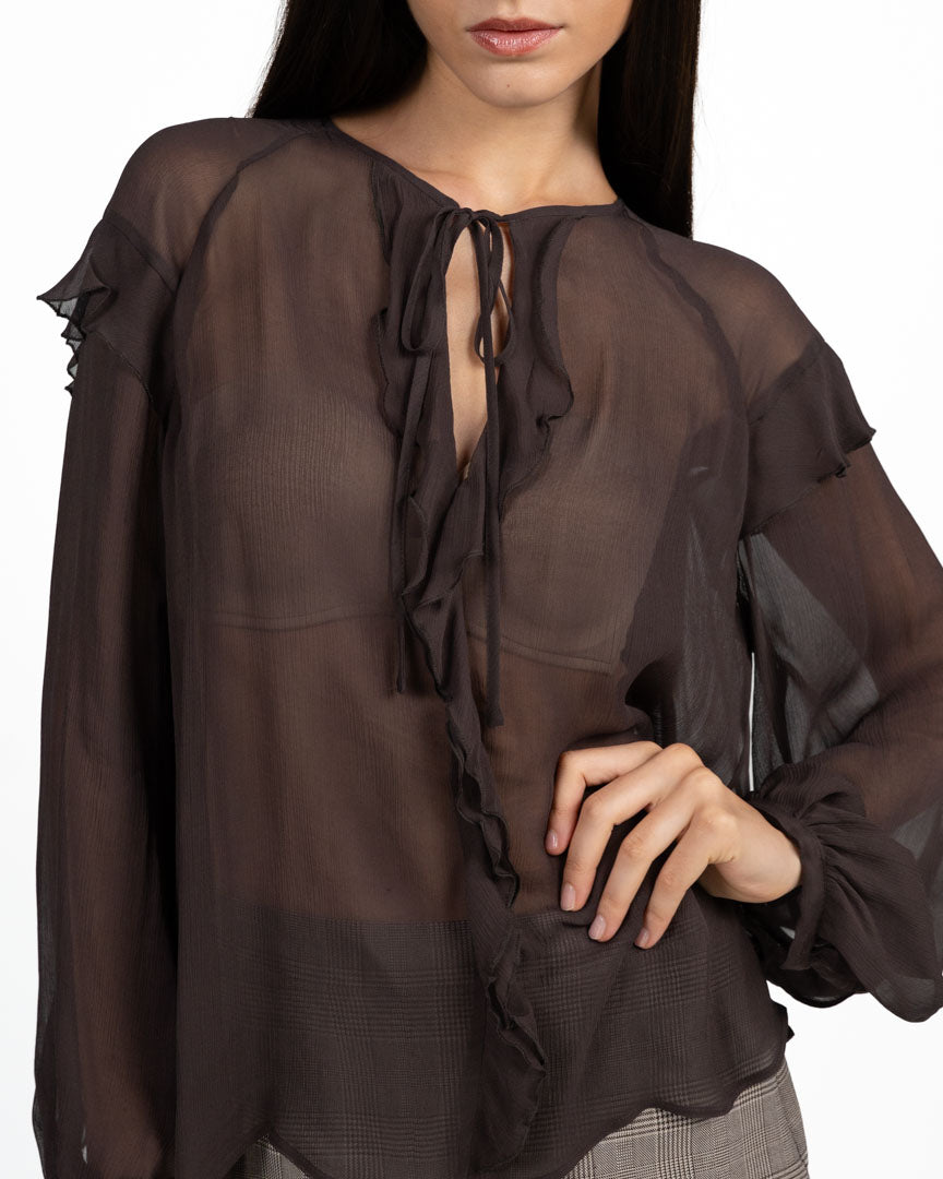 Blusa Semitrasparente in Chiffon con Rouches cioccolato - Marella