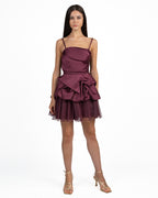 Abito Corto da Party con Scultura Ruffled e Volant in Tulle bordeaux - Rinascimento