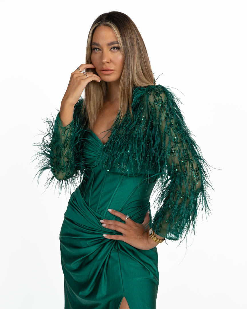 Giacchino Cropped Gioiello con Piume verde - Berti Mode Collection
