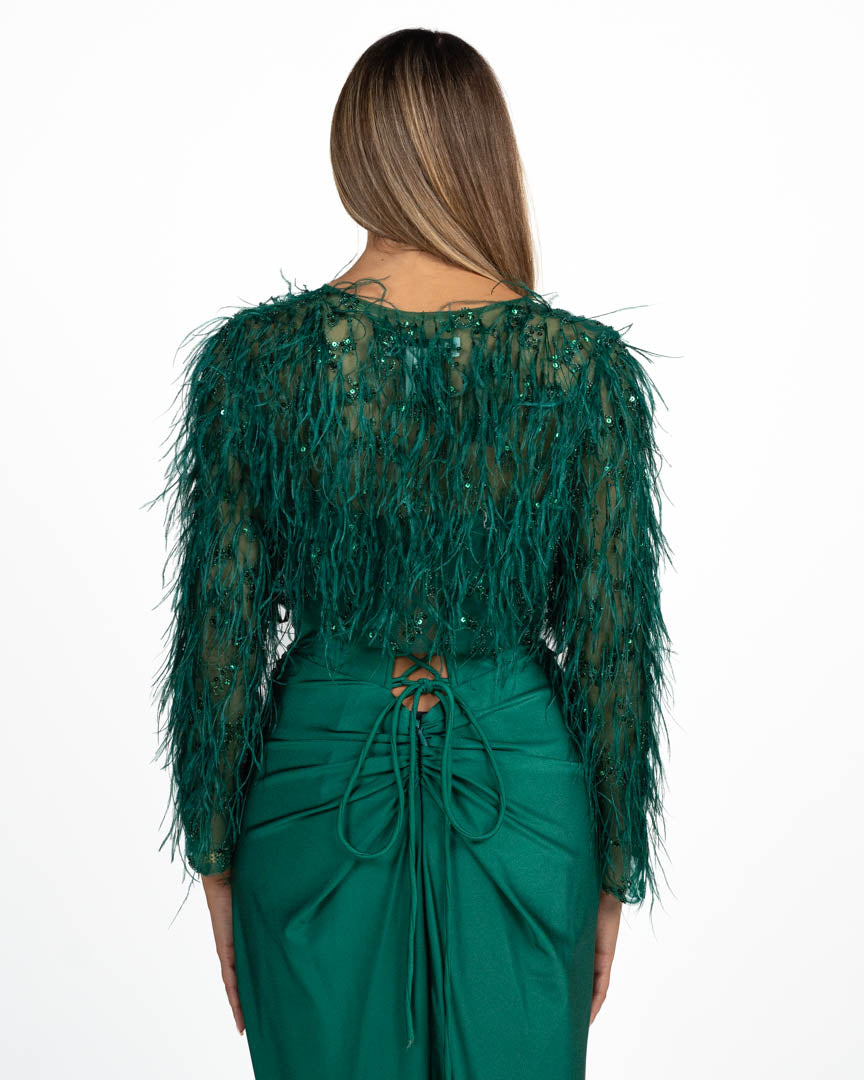 Giacchino Cropped Gioiello con Piume verde - Berti Mode Collection
