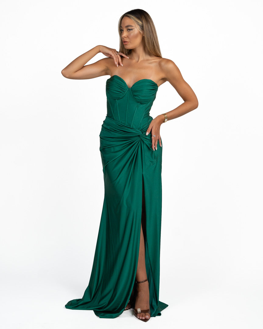 Abito Lungo con Corsetto e Nodo Drappeggiato verde smeraldo - Berti Mode Collection