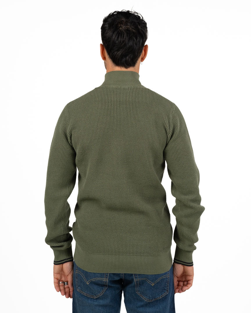 Maglione Mezza Zip in Maglia Lavorata Verde Militare - Fred Perry