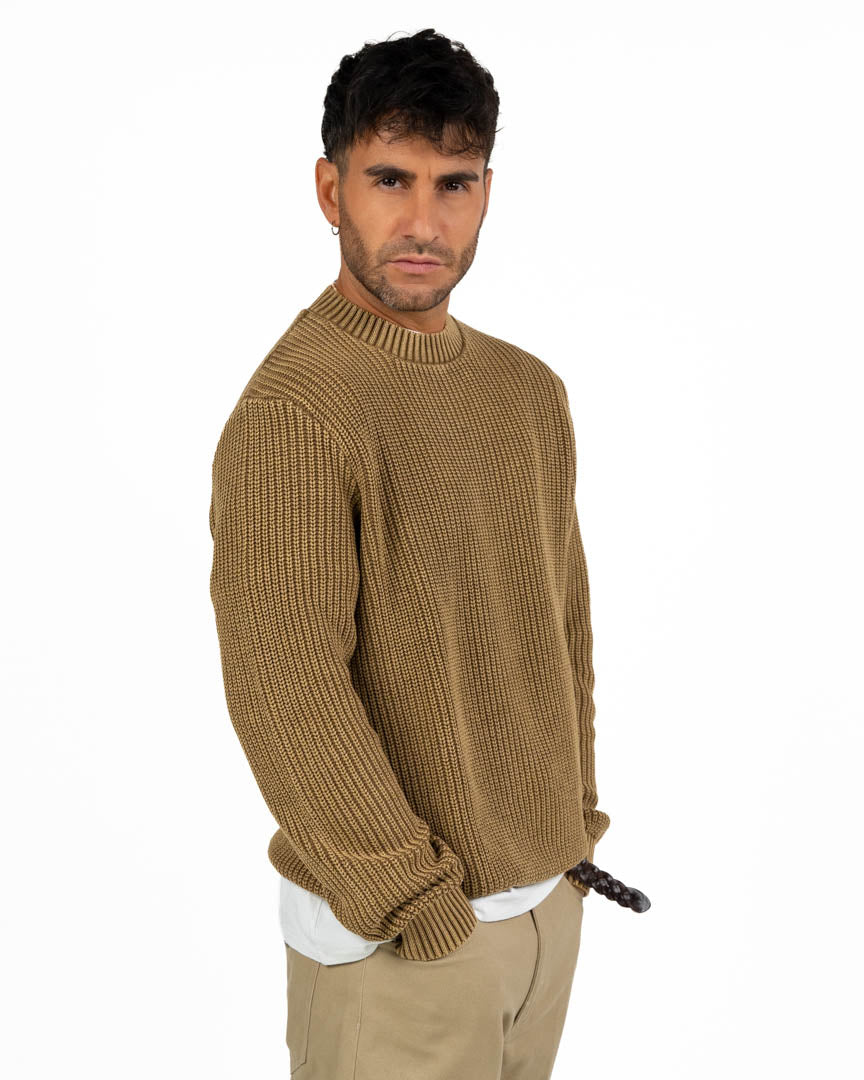 Maglione Girocollo a Coste Beige Cammello – Antony Morato