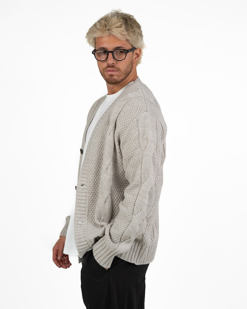 Cardigan in Maglia Lavorata a Trecce grigio - Out Fit