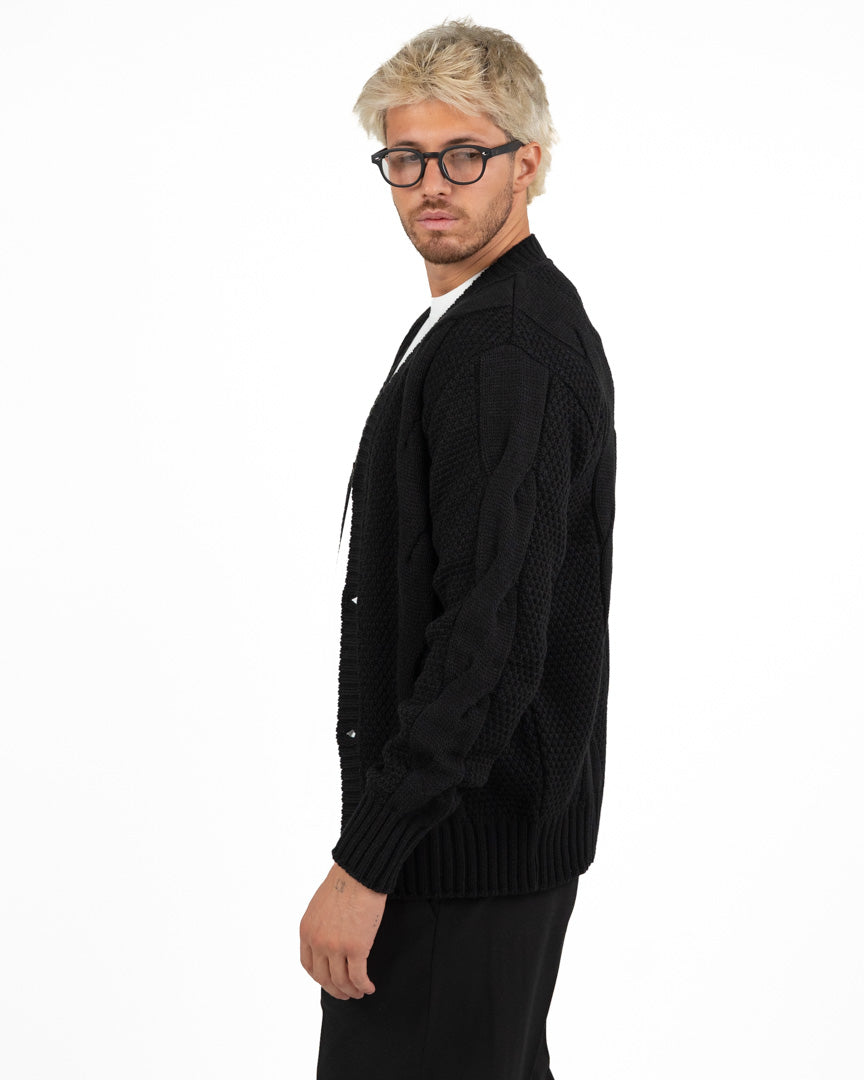 Cardigan in Maglia Lavorata a Trecce nero - Out Fit