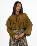 Blusa Fluida in Georgette Verde Olio con Volant Multiplo - Marella
