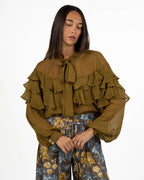 Blusa Fluida in Georgette Verde Olio con Volant Multiplo - Marella