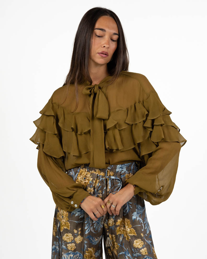Blusa Fluida in Georgette Verde Olio con Volant Multiplo - Marella