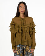 Blusa Fluida in Georgette Verde Olio con Volant Multiplo - Marella