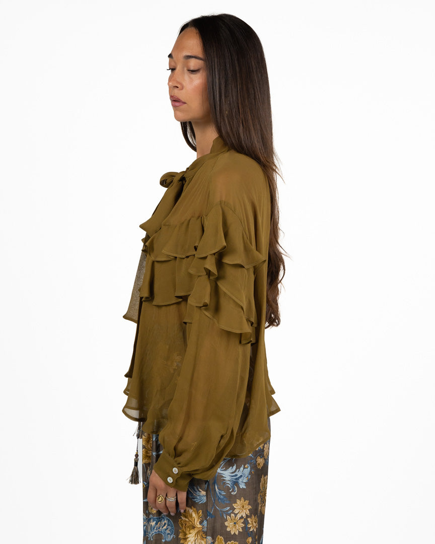 Blusa Fluida in Georgette Verde Olio con Volant Multiplo - Marella