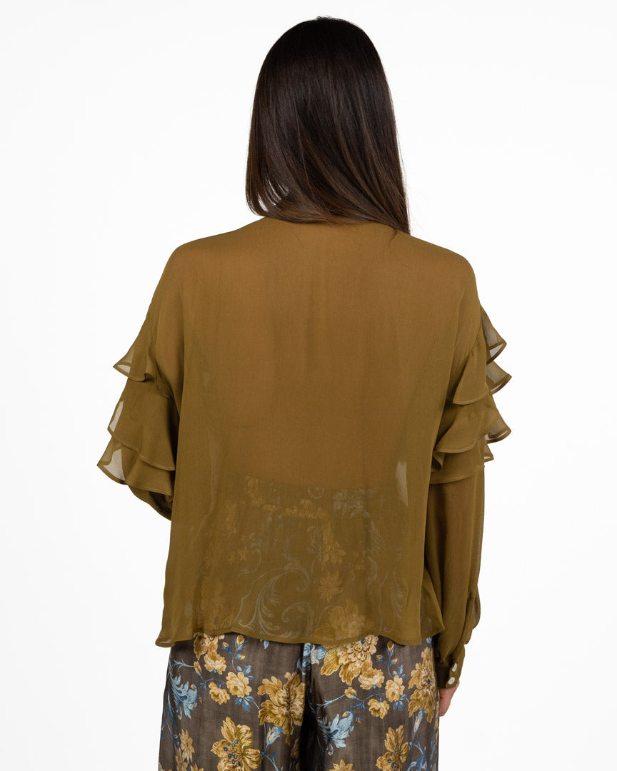 Blusa Fluida in Georgette Verde Olio con Volant Multiplo - Marella