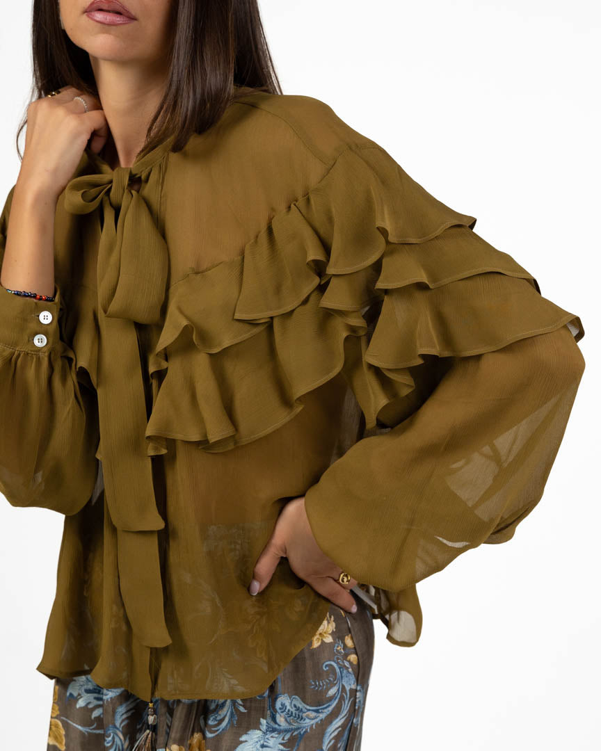 Blusa Fluida in Georgette Verde Olio con Volant Multiplo - Marella