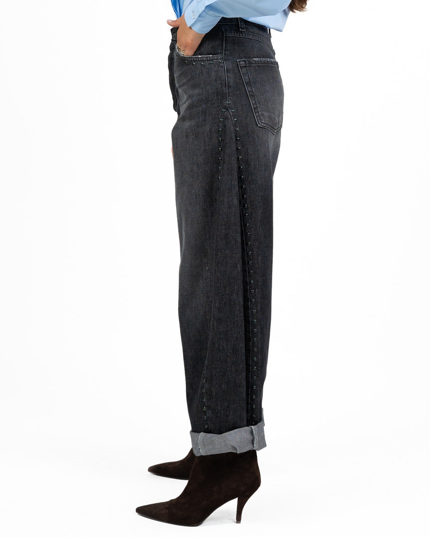 Jeans Straight Leg Grigio Scuro / Nero Lavato con Borchie - Souvenir