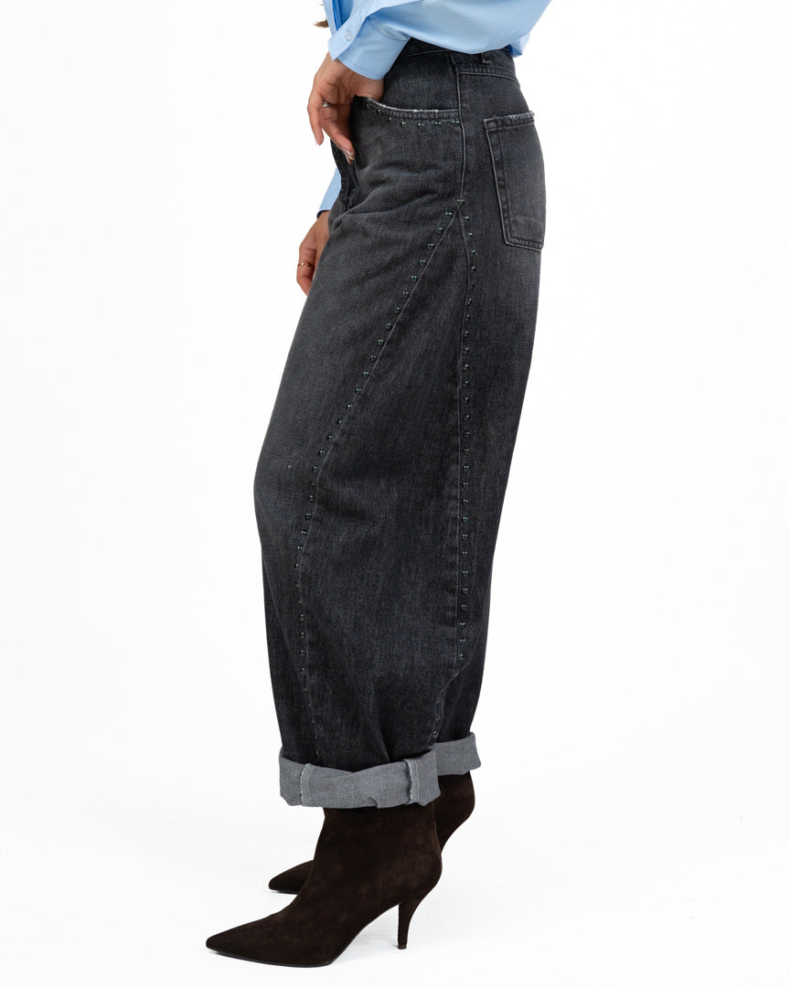 Jeans Straight Leg Grigio Scuro / Nero Lavato con Borchie - Souvenir