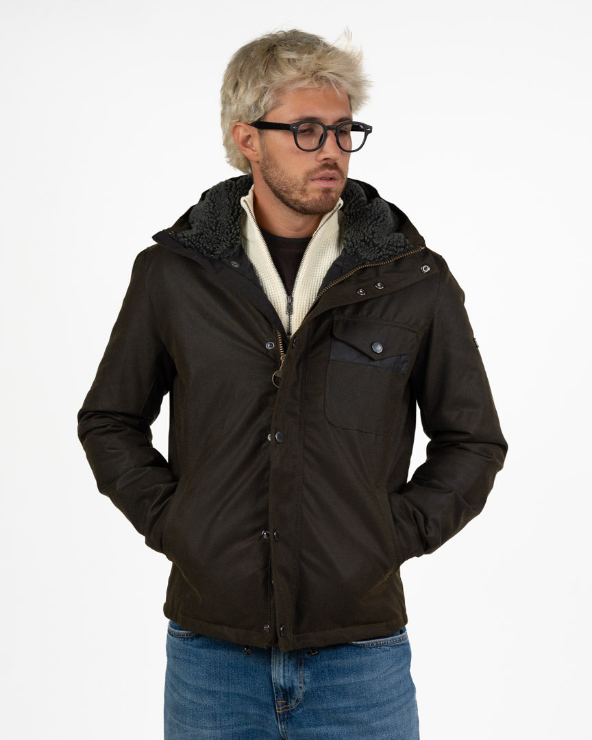 Giacca Barbour Cerata con Cappuccio Foderato in Shearling – Verde Scuro