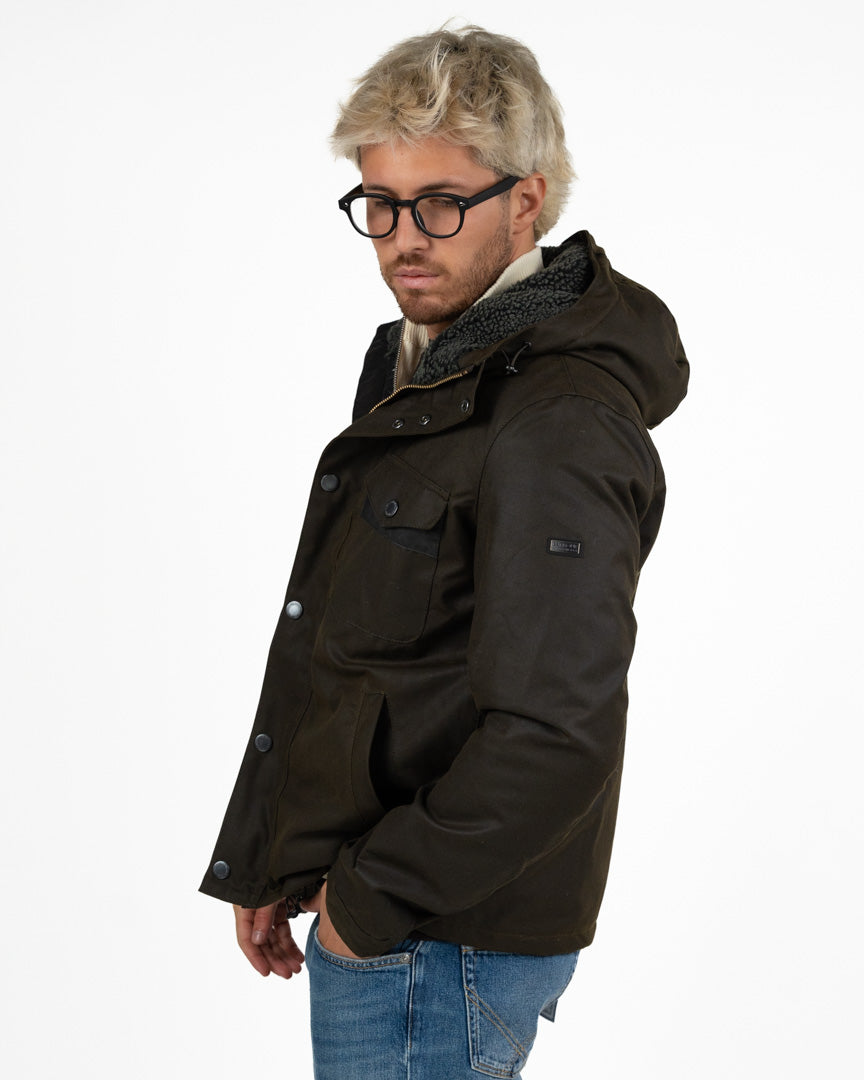 Giacca Barbour Cerata con Cappuccio Foderato in Shearling – Verde Scuro