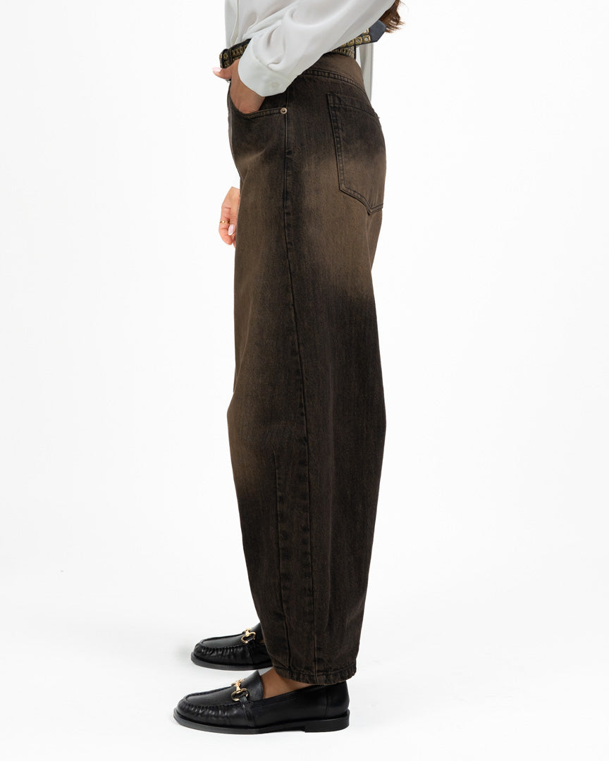 Jeans Wide Leg Lavaggio Dirty Marrone con Cintura Borchiata - Souvenir