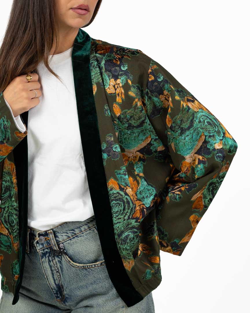 Kimono Bomber con Stampa Floreale e Bordi in Velluto - Wu Side