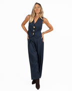 Pantaloni Palazzo Blu Notte a Vita Alta con Maxipieghe - Gaudì