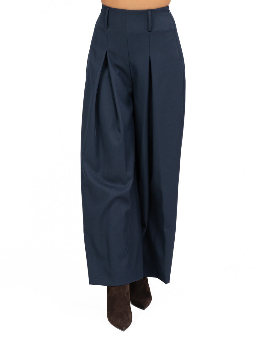Pantaloni Palazzo Blu Notte a Vita Alta con Maxipieghe - Gaudì