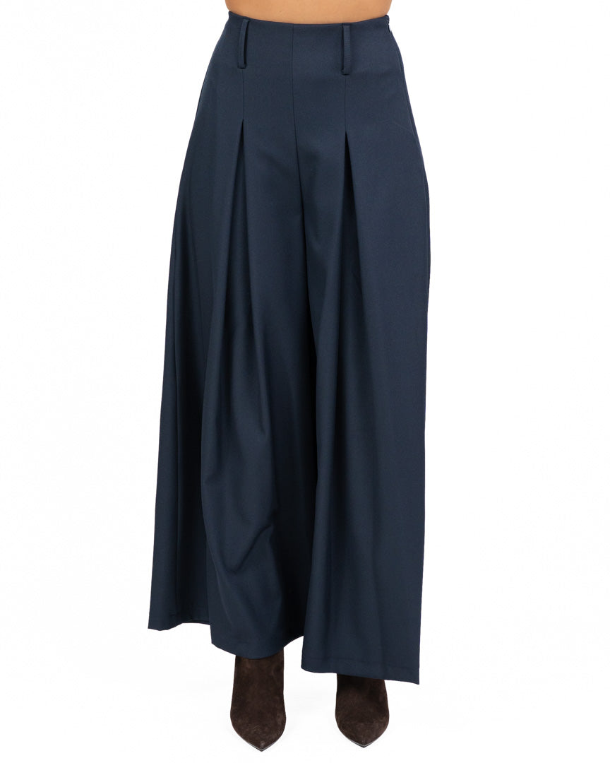 Pantaloni Palazzo Blu Notte a Vita Alta con Maxipieghe - Gaudì