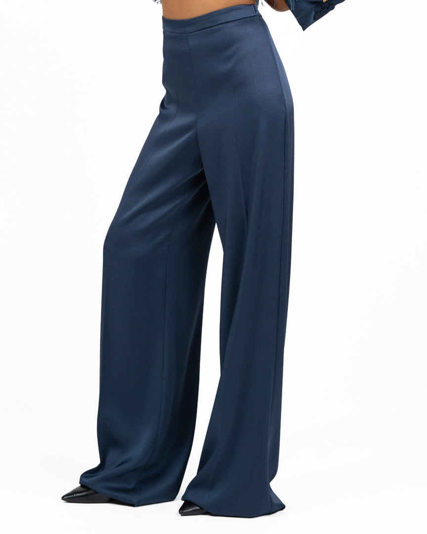 Pantaloni Palazzo in Satin Blu Navy - Marella