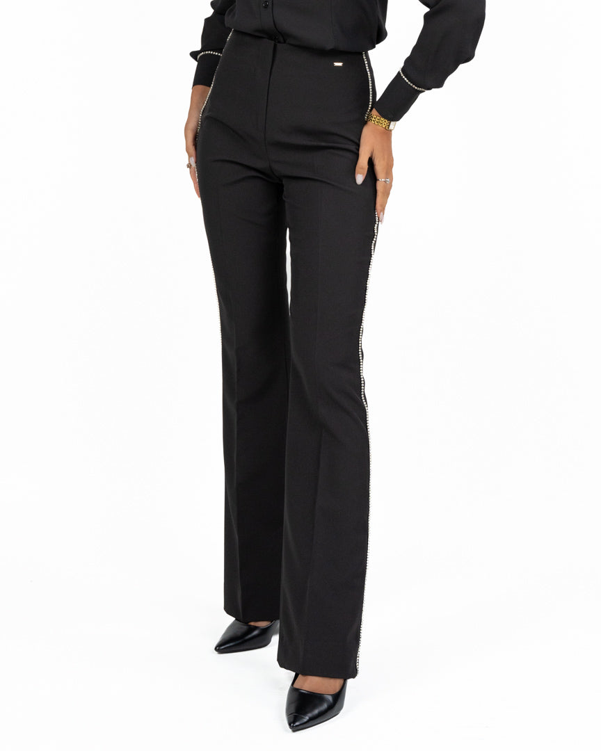 Pantaloni Flare Neri a Vita Alta con Profili Strass - Gaudì