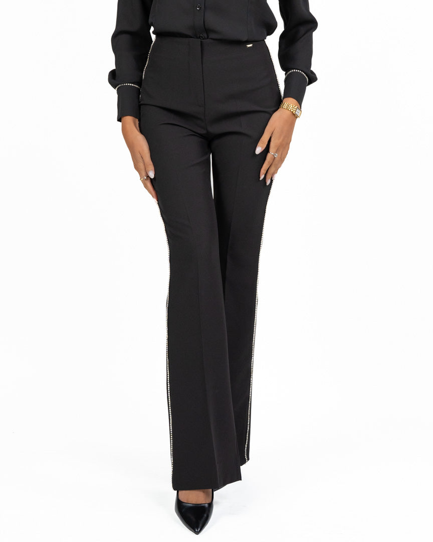 Pantaloni Flare Neri a Vita Alta con Profili Strass - Gaudì