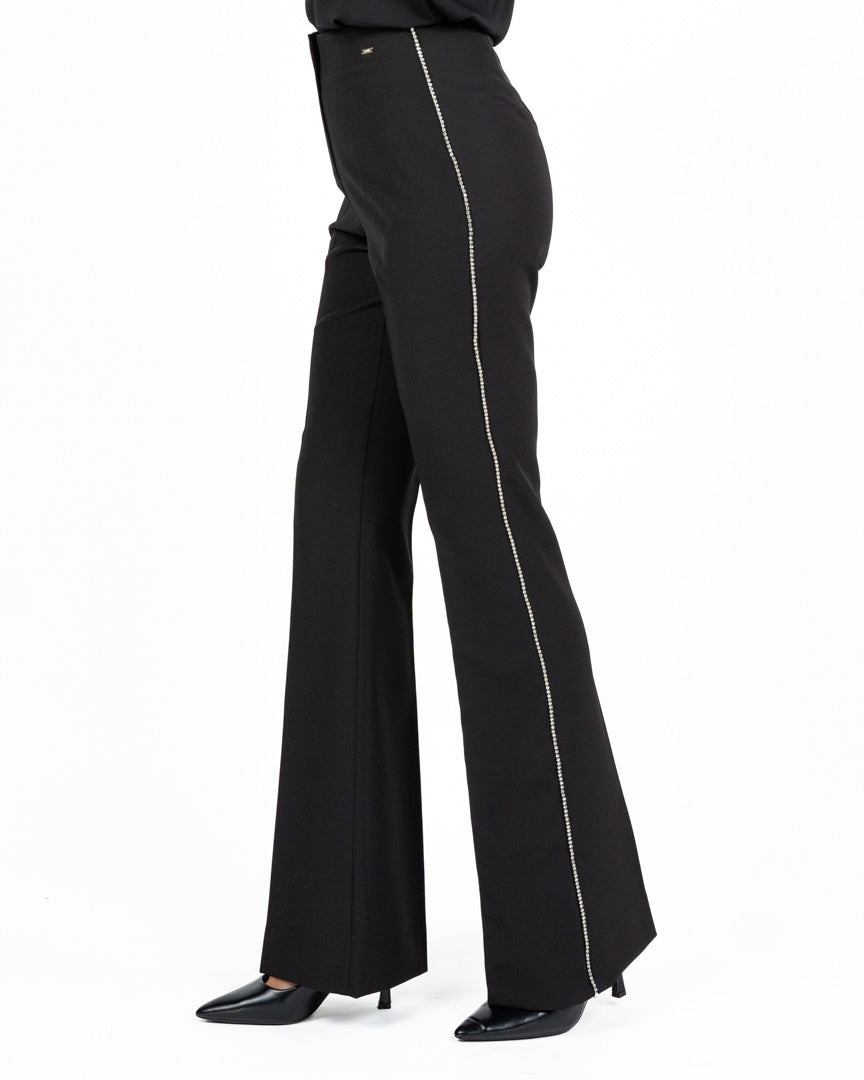 Pantaloni Flare Neri a Vita Alta con Profili Strass - Gaudì