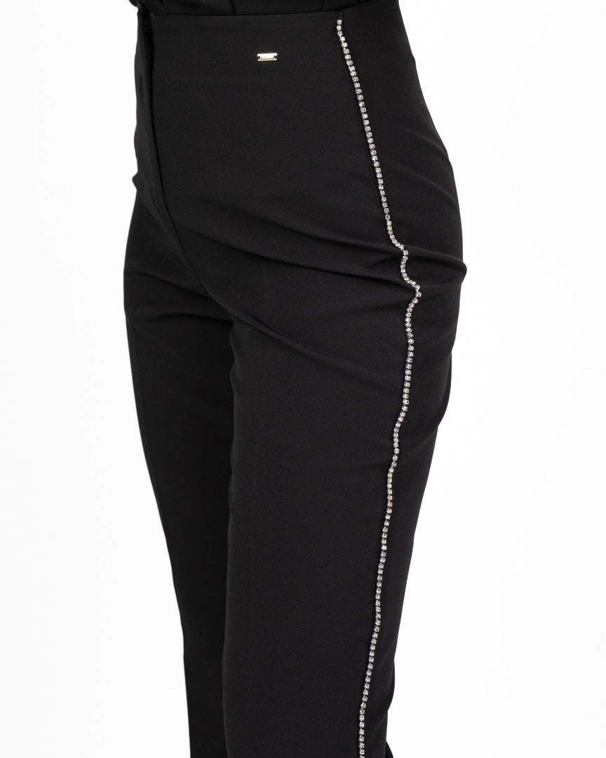 Pantaloni Flare Neri a Vita Alta con Profili Strass - Gaudì