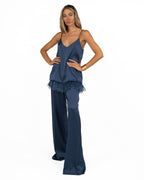 Top Canotta in Satin Blu Navy con Piume sul Fondo - Marella