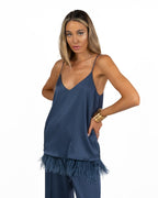 Top Canotta in Satin Blu Navy con Piume sul Fondo - Marella