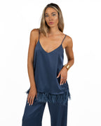 Top Canotta in Satin Blu Navy con Piume sul Fondo - Marella