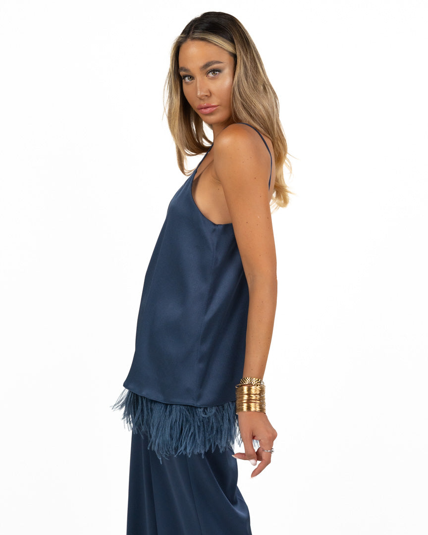 Top Canotta in Satin Blu Navy con Piume sul Fondo - Marella