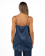 Top Canotta in Satin Blu Navy con Piume sul Fondo - Marella
