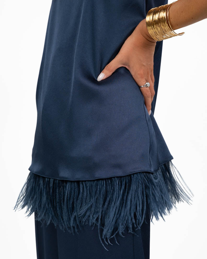 Top Canotta in Satin Blu Navy con Piume sul Fondo - Marella