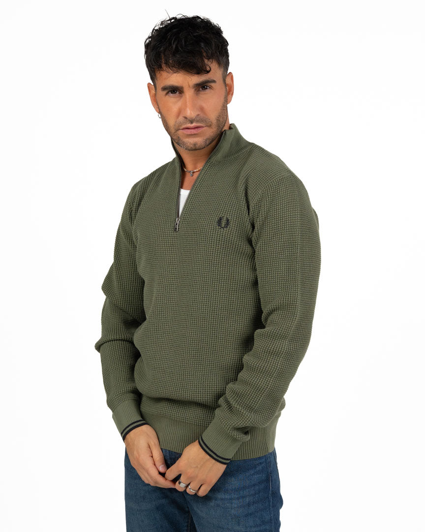 Maglione Mezza Zip in Maglia Lavorata Verde Militare - Fred Perry
