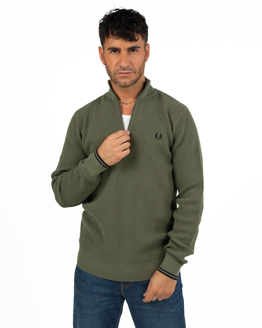 Maglione Mezza Zip in Maglia Lavorata Verde Militare - Fred Perry